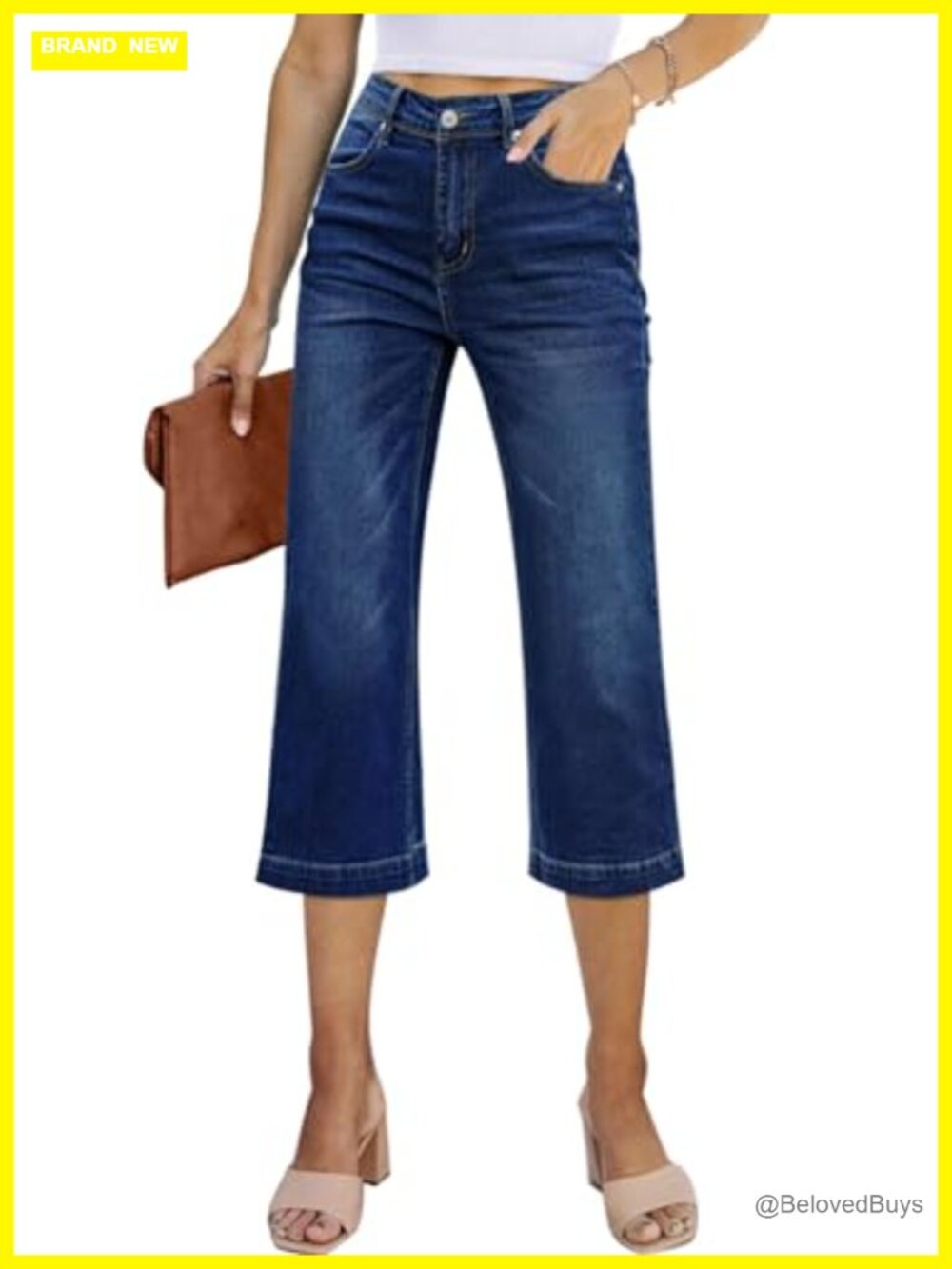 Wide Leg High Waisted Capri Jeans Stretchy Cropped Denim Pants